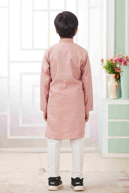 Raivat Ethnic Art Silk Embroidery Work Kids Kurta Pajama In Peach Colour