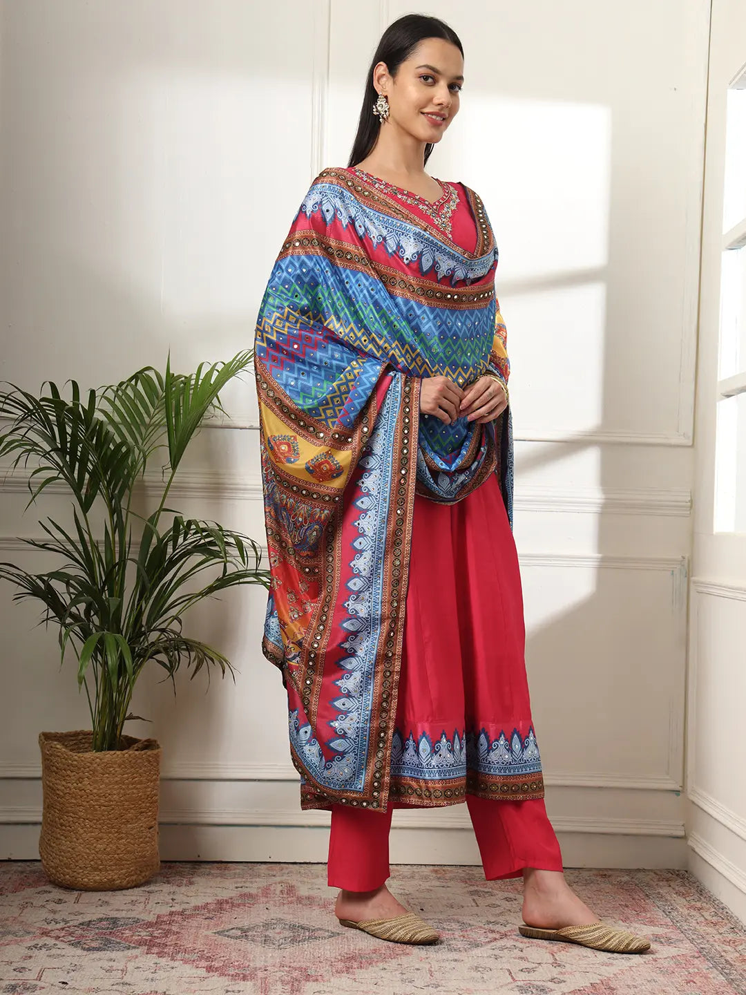 Yufta Pink Anarkali Silk Blend Kurta Set With Pant And Dupatta With Cotton Lining
