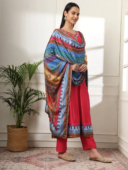 Yufta Pink Anarkali Silk Blend Kurta Set With Pant And Dupatta With Cotton Lining
