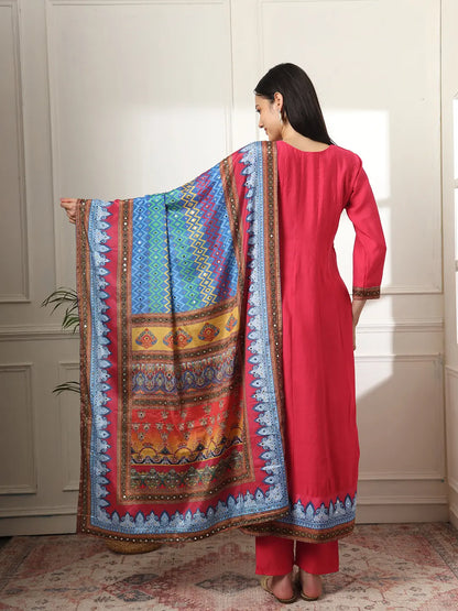 Yufta Pink Anarkali Silk Blend Kurta Set With Pant And Dupatta With Cotton Lining