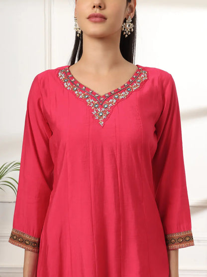 Yufta Pink Anarkali Silk Blend Kurta Set With Pant And Dupatta With Cotton Lining