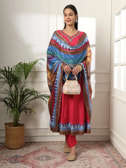 Yufta Pink Anarkali Silk Blend Kurta Set With Pant And Dupatta With Cotton Lining