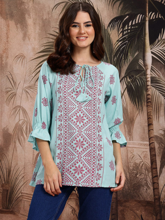 Sangria Print Tie-Up Neck Bell Sleeve Ethnic Top