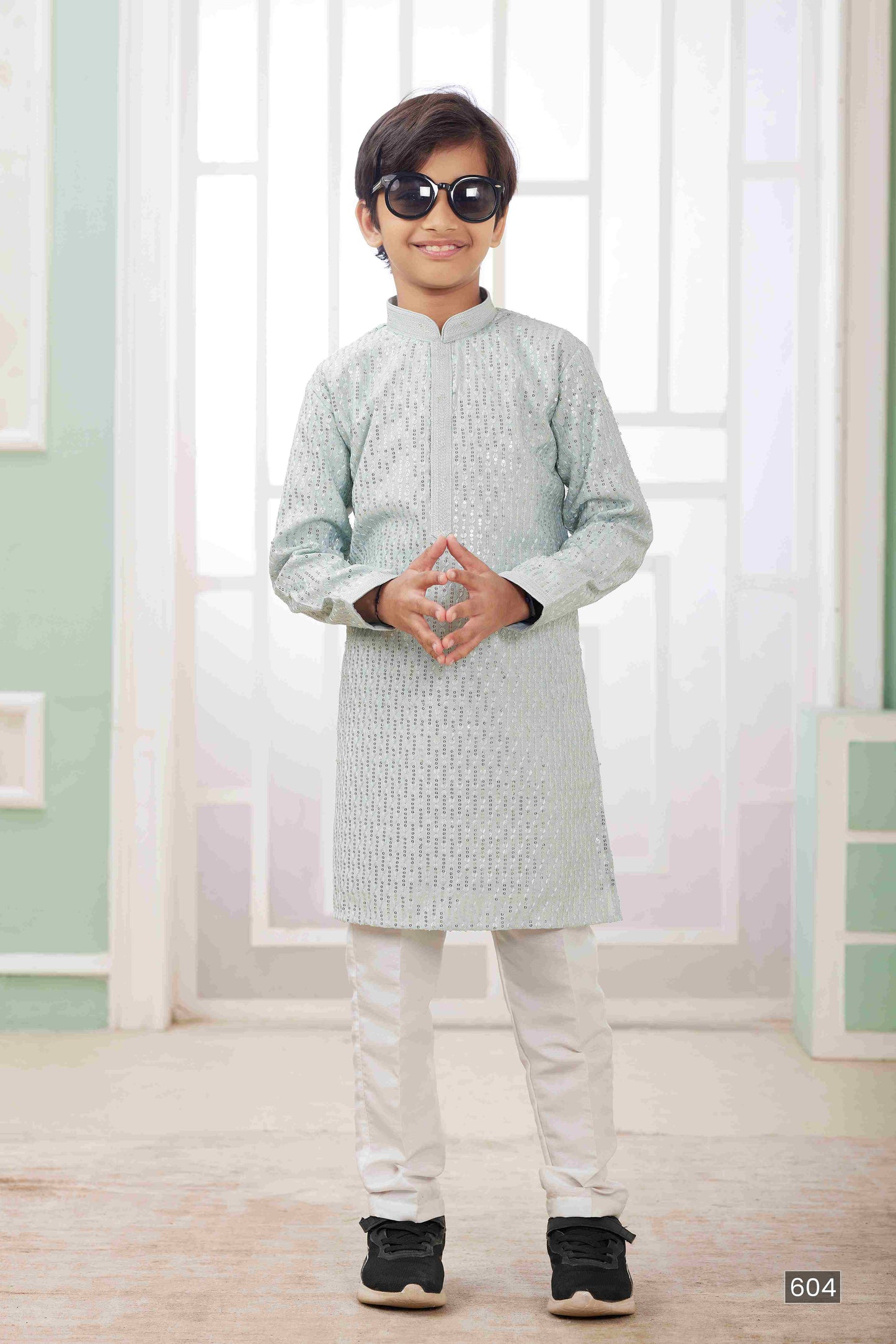 Raivat Ethnic Art Silk Embroidery Work Kids Kurta Pajama In Mint Green Colour