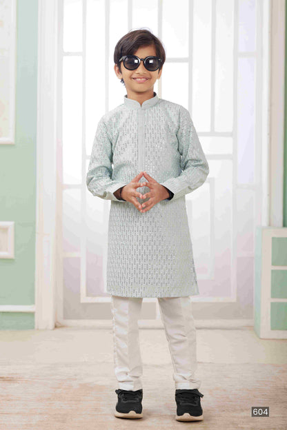 Raivat Ethnic Art Silk Embroidery Work Kids Kurta Pajama In Mint Green Colour