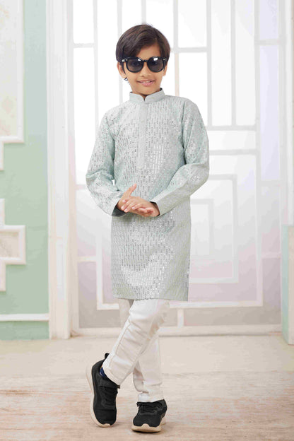 Raivat Ethnic Art Silk Embroidery Work Kids Kurta Pajama In Mint Green Colour