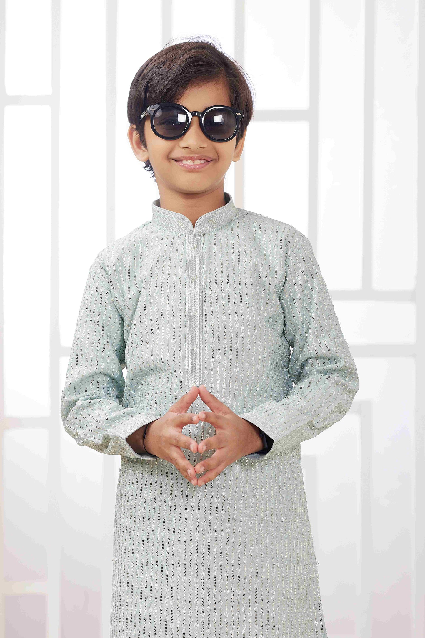 Raivat Ethnic Art Silk Embroidery Work Kids Kurta Pajama In Mint Green Colour