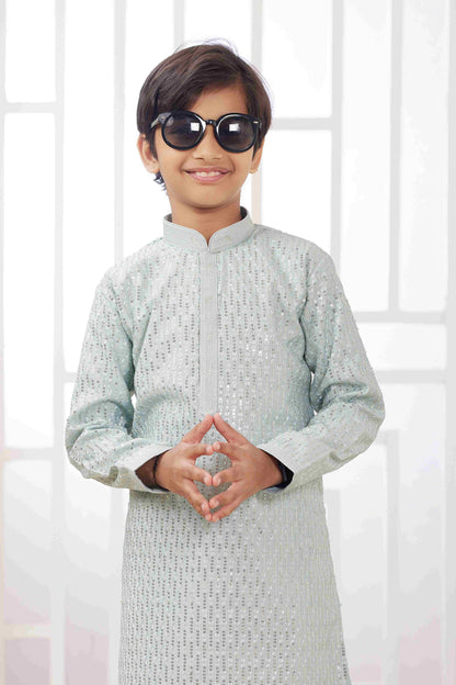 Raivat Ethnic Art Silk Embroidery Work Kids Kurta Pajama In Mint Green Colour