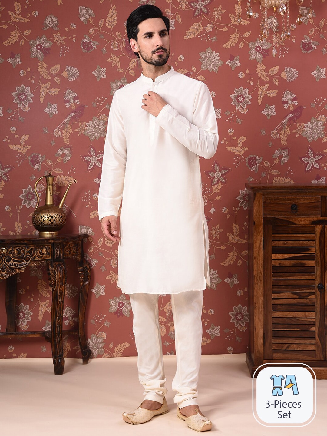 House of Pataudi Straight Kurta With Churidar & Embroidered Nehru Jacket
