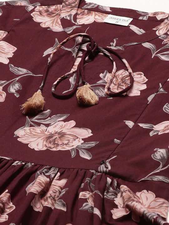 Anayna Women Burgundy & Pink Floral Printed Pure Cotton Maternity A-Line Dress