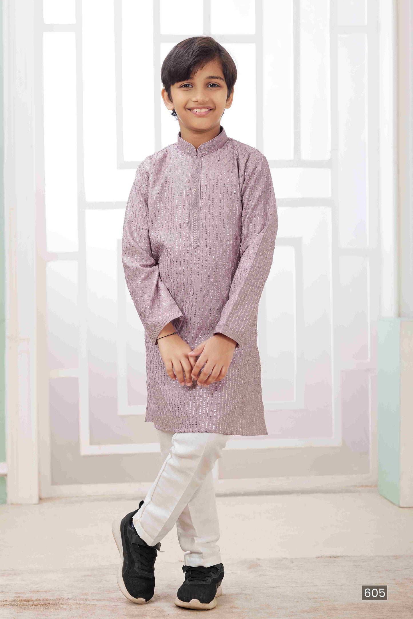 Raivat Ethnic Art Silk Embroidery Work Kids Kurta Pajama In Lilac Colour