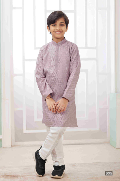 Raivat Ethnic Art Silk Embroidery Work Kids Kurta Pajama In Lilac Colour