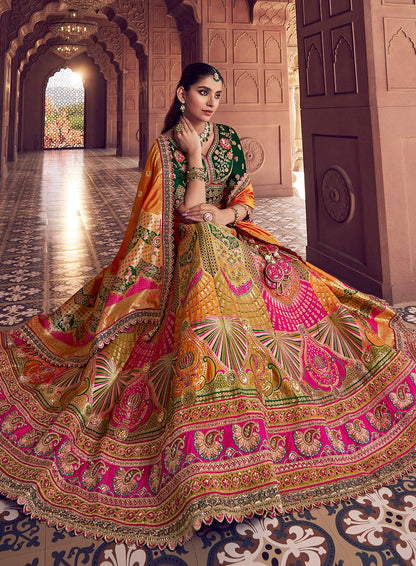 Monjolika Fashion Multi Colour Banarasi Silk Blend Embroidered, Sequins, Swarovski and Weaving Work Lehenga Choli
