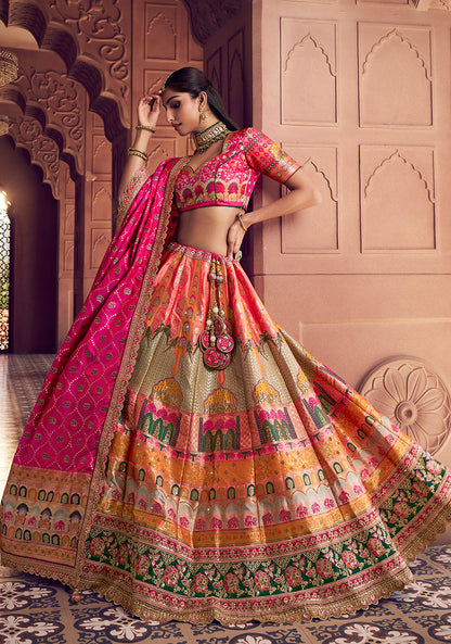 Monjolika Fashion Multi Colour Banarasi Silk Blend Embroidered, Sequins, Swarovski and Weaving Work Lehenga Choli