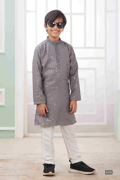 Raivat Ethnic Art Silk Embroidery Work Kids Kurta Pajama In Grey Colour