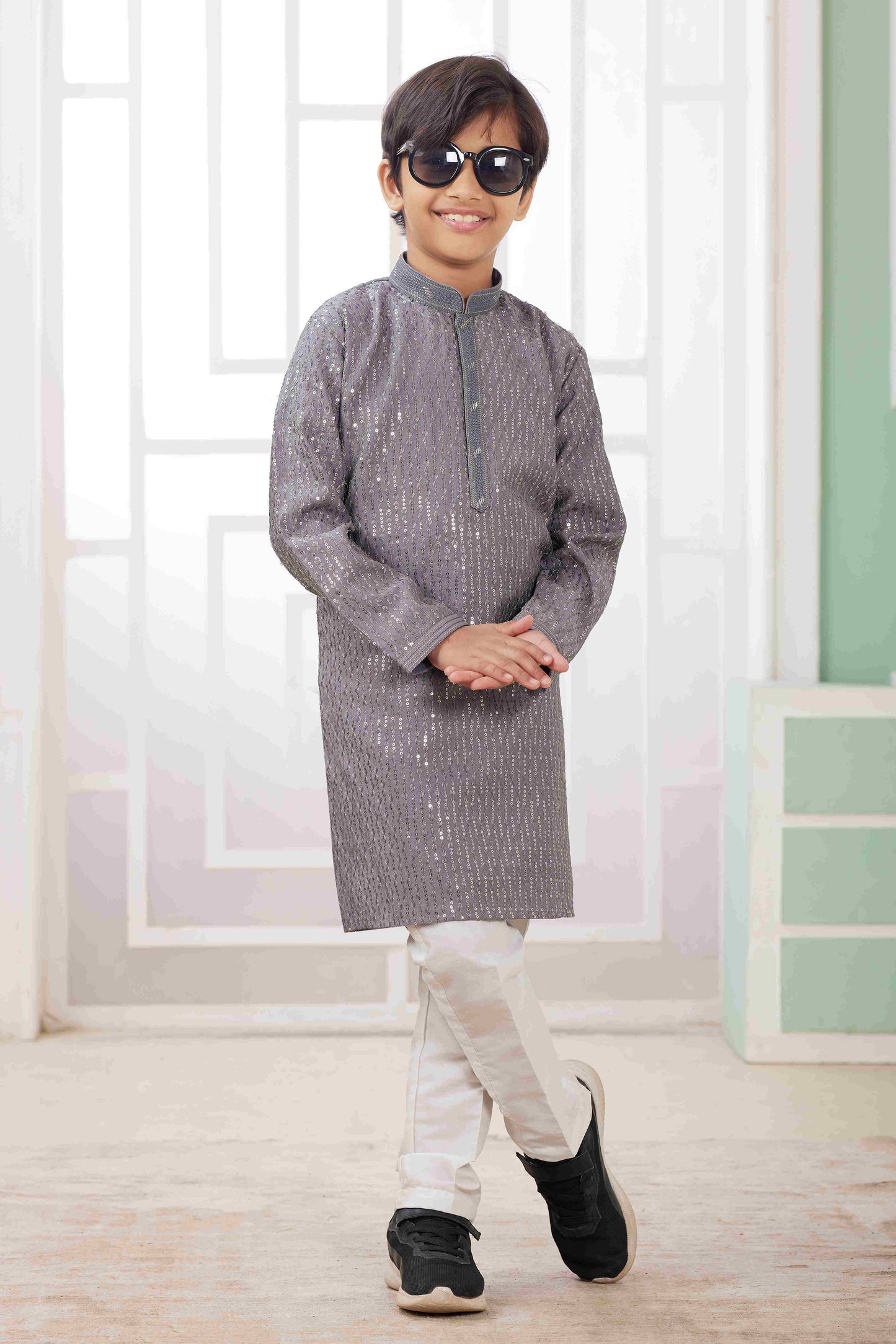 Raivat Ethnic Art Silk Embroidery Work Kids Kurta Pajama In Grey Colour