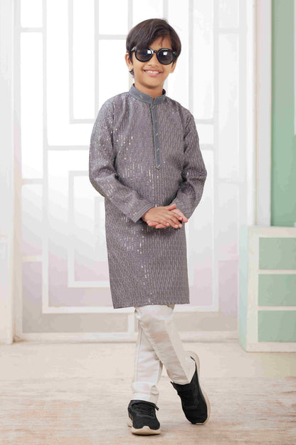 Raivat Ethnic Art Silk Embroidery Work Kids Kurta Pajama In Grey Colour