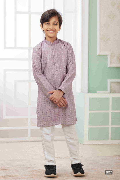 Raivat Ethnic Art Silk Embroidery Work Kids Kurta Pajama In Lilac Colour