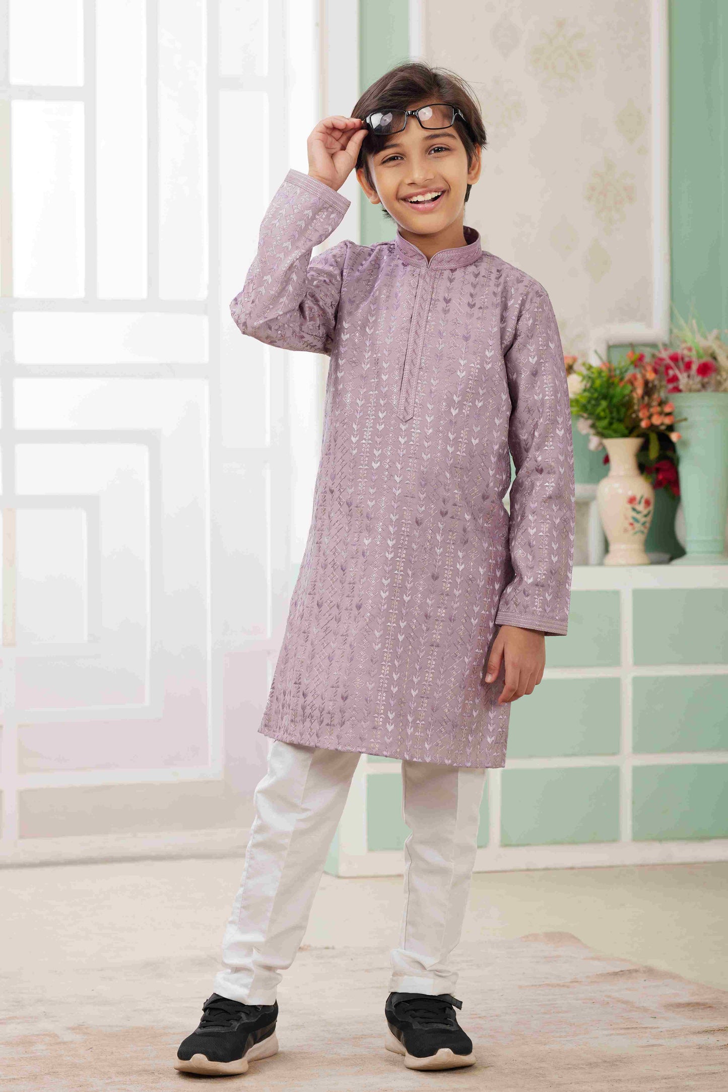 Raivat Ethnic Art Silk Embroidery Work Kids Kurta Pajama In Lilac Colour