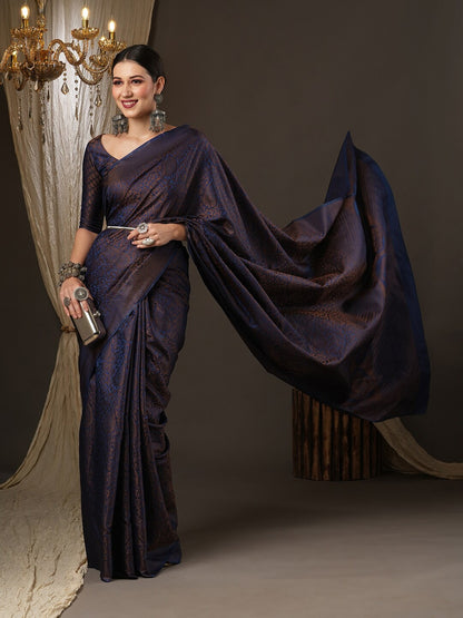 Saree Mall Navy Blue & Gold-Toned Woven Design Zari Silk Blend Banarasi Sarees