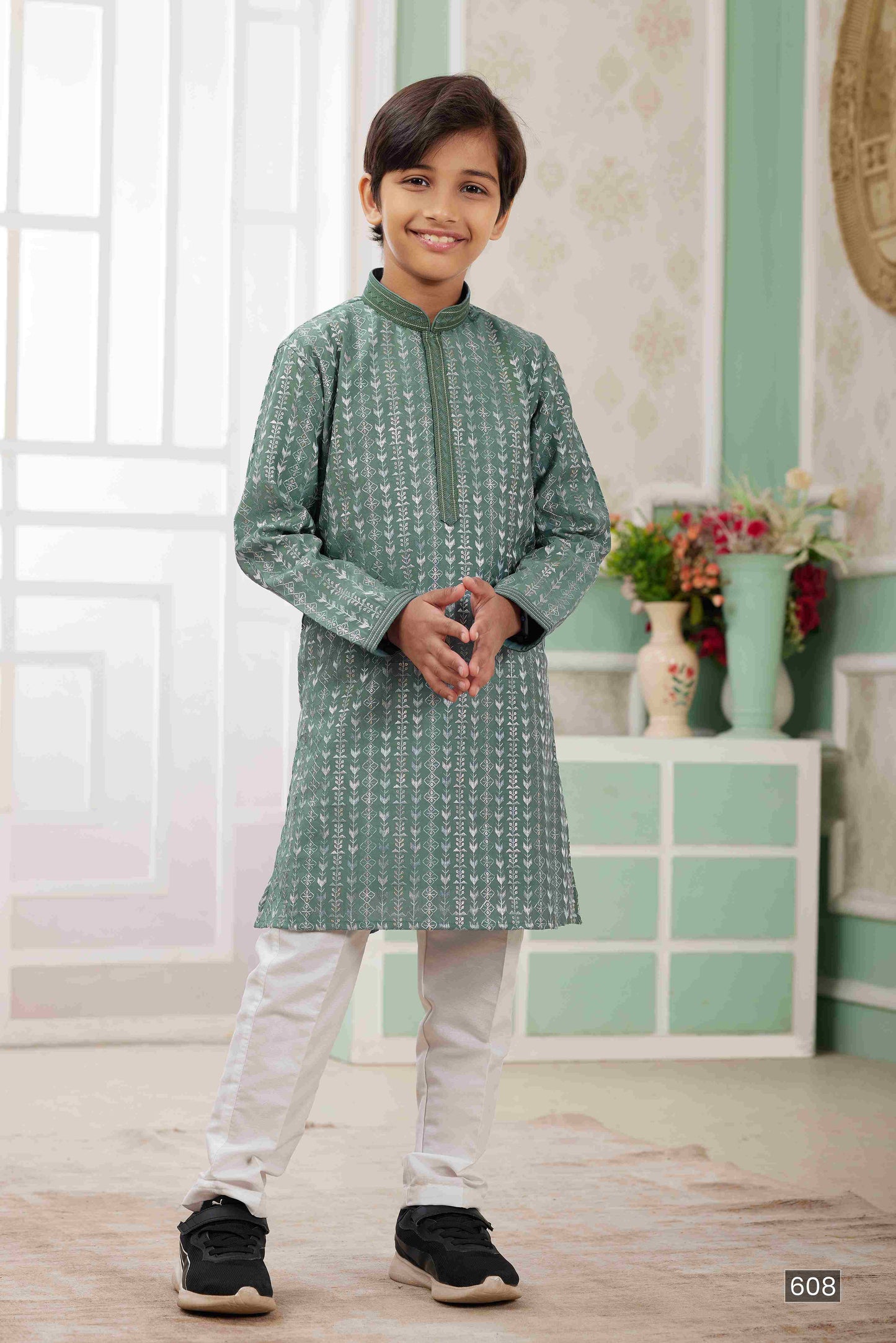 Raivat Ethnic Art Silk Embroidery Work Kids Kurta Pajama In Green Colour