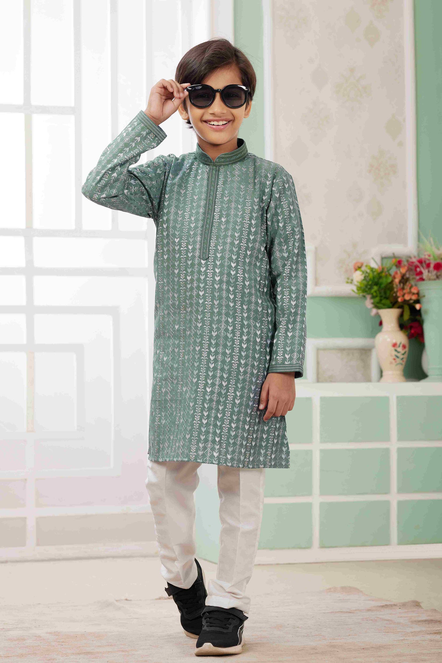 Raivat Ethnic Art Silk Embroidery Work Kids Kurta Pajama In Green Colour