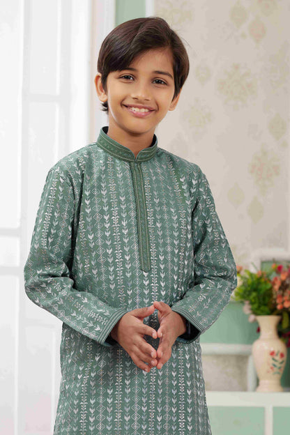 Raivat Ethnic Art Silk Embroidery Work Kids Kurta Pajama In Green Colour