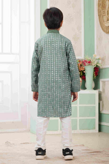Raivat Ethnic Art Silk Embroidery Work Kids Kurta Pajama In Green Colour