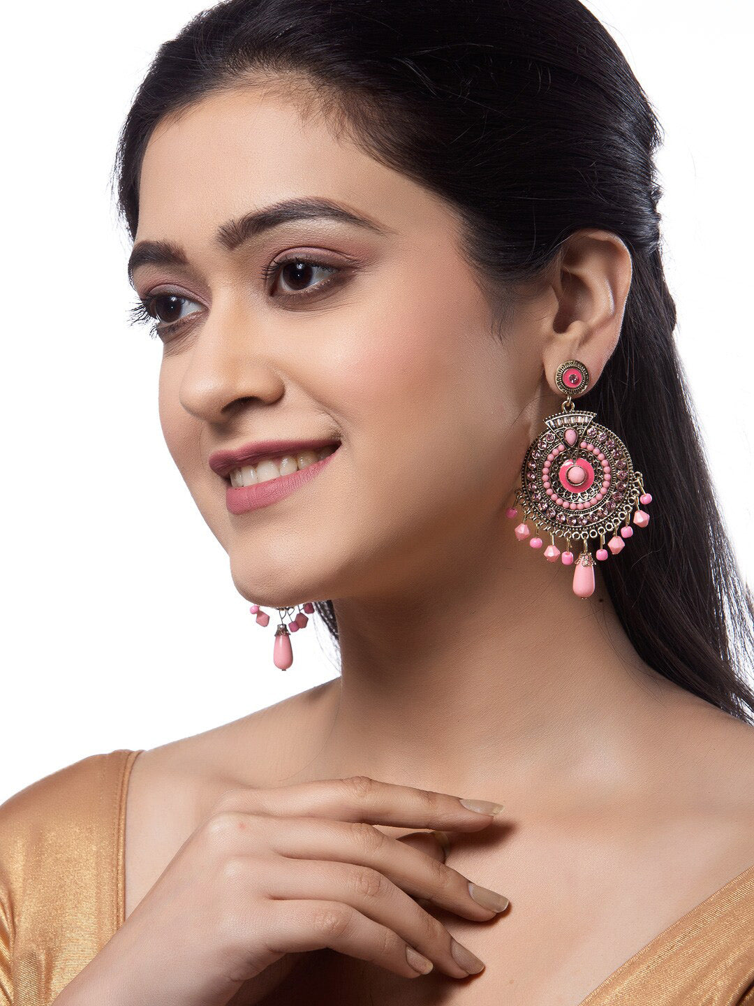 Shining Diva Pink Circular Drop Earrings