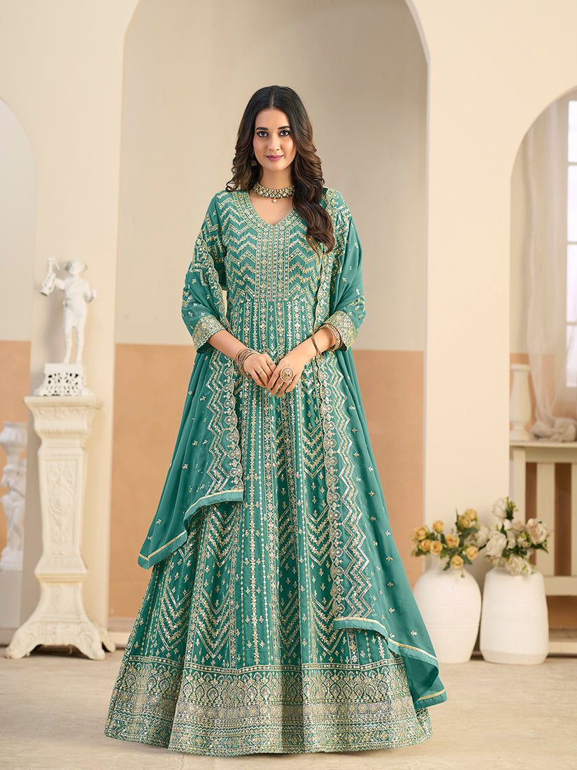 Monjolika Fashion Faux Georgette Turquoise Embroidered Anarkali Salwar Kameez