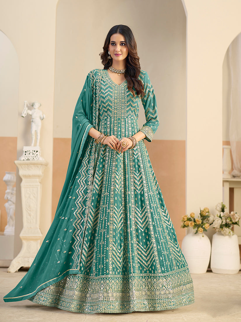 Monjolika Fashion Faux Georgette Turquoise Embroidered Anarkali Salwar Kameez
