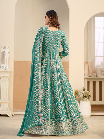 Monjolika Fashion Faux Georgette Turquoise Embroidered Anarkali Salwar Kameez