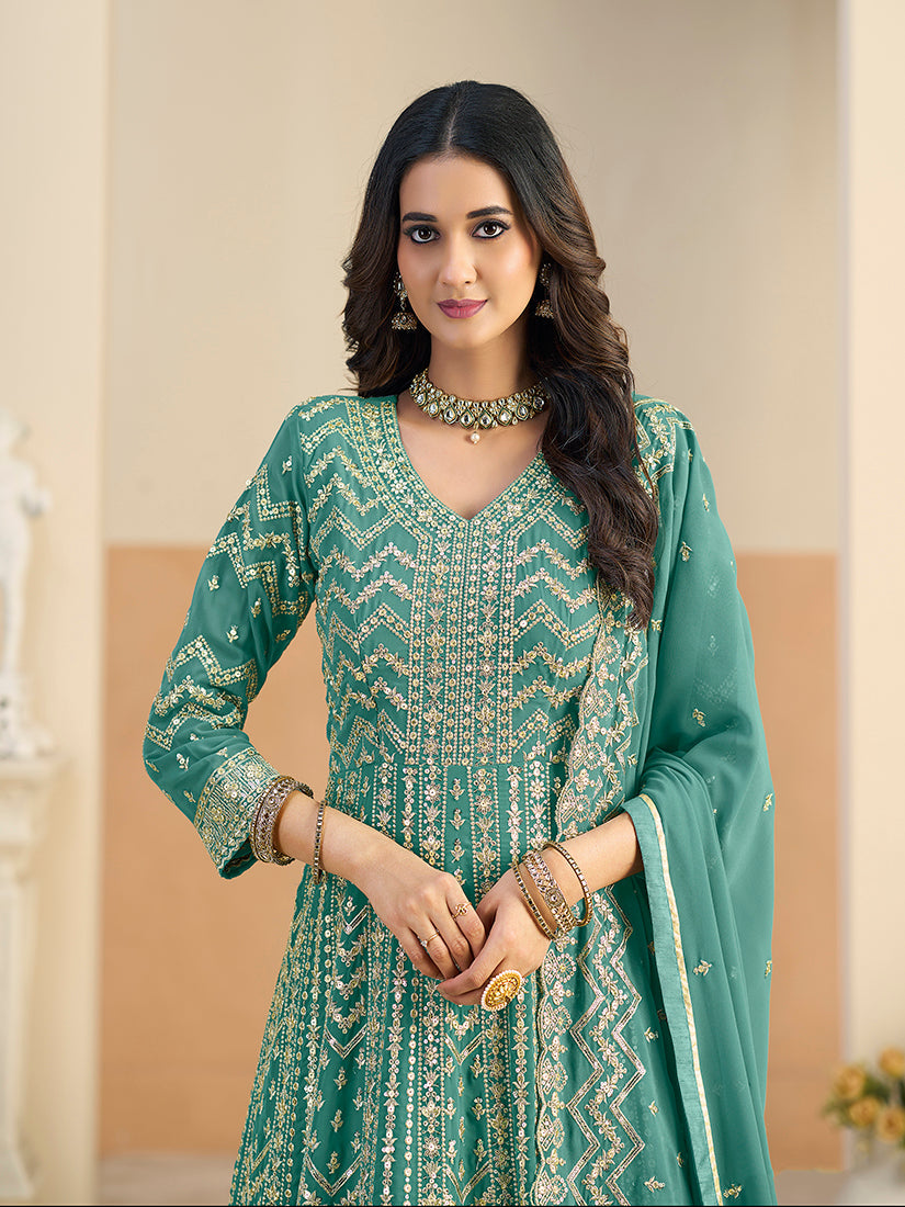 Monjolika Fashion Faux Georgette Turquoise Embroidered Anarkali Salwar Kameez