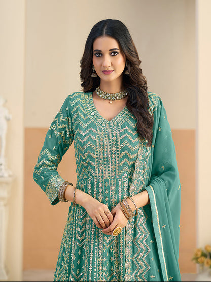 Monjolika Fashion Faux Georgette Turquoise Embroidered Anarkali Salwar Kameez