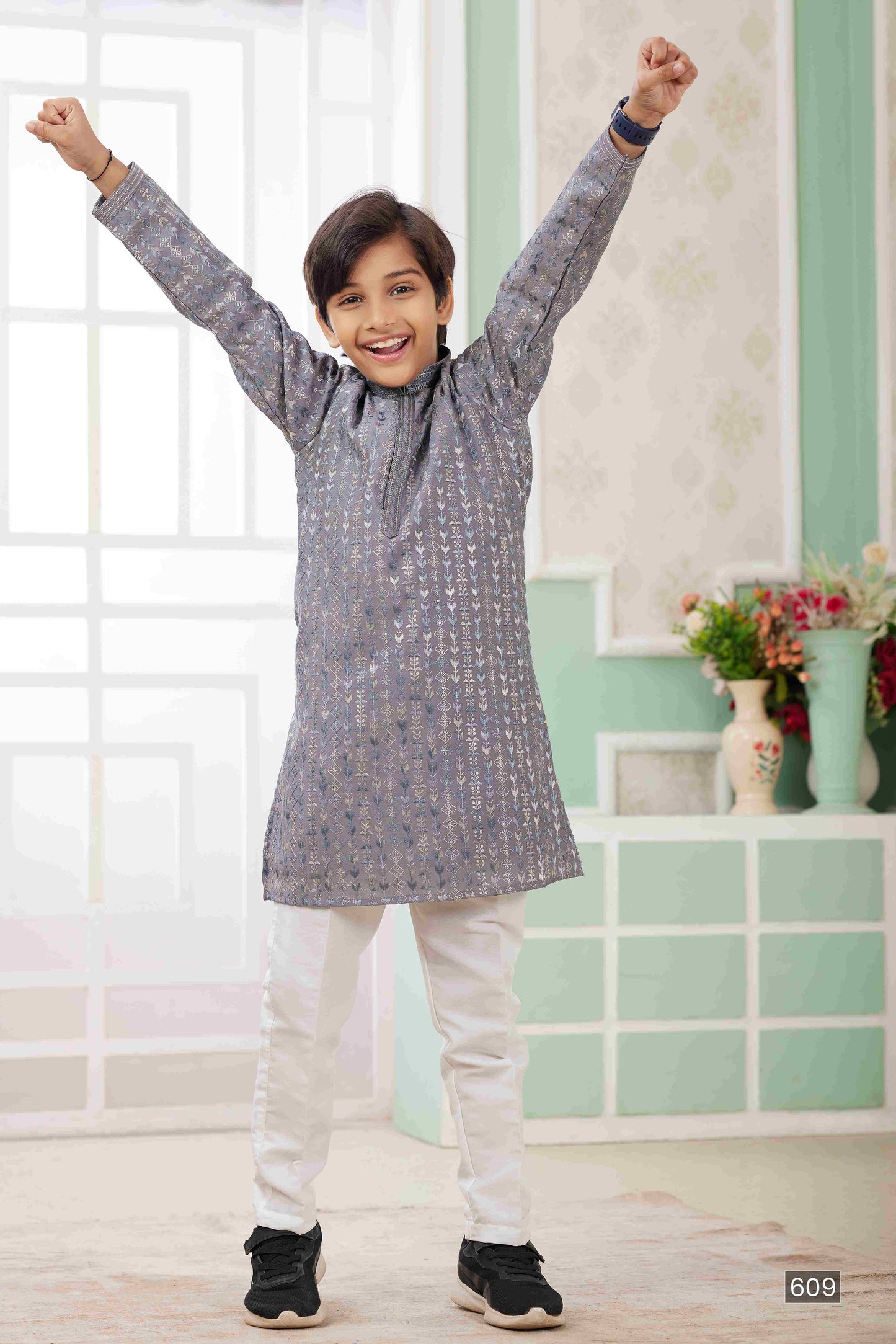Raivat Ethnic Art Silk Embroidery Work Kids Kurta Pajama In Grey Colour