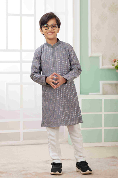 Raivat Ethnic Art Silk Embroidery Work Kids Kurta Pajama In Grey Colour