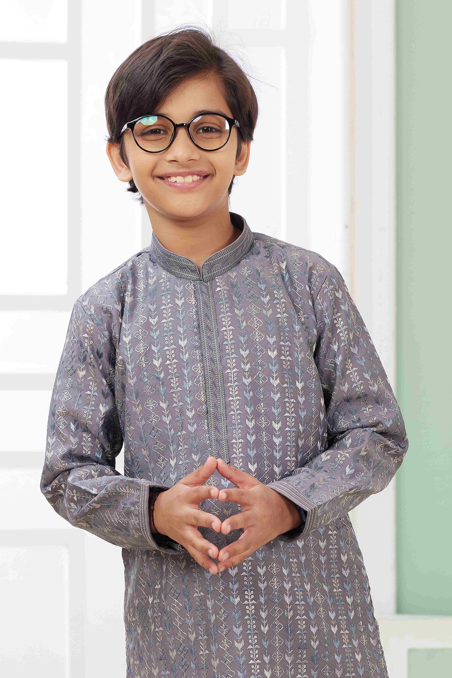 Raivat Ethnic Art Silk Embroidery Work Kids Kurta Pajama In Grey Colour