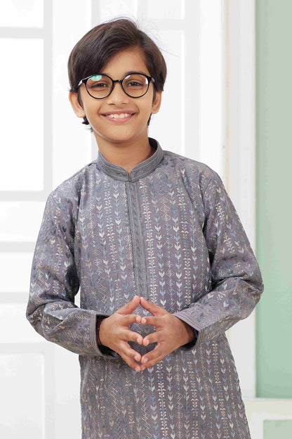 Raivat Ethnic Art Silk Embroidery Work Kids Kurta Pajama In Grey Colour