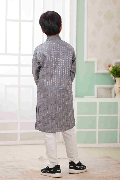 Raivat Ethnic Art Silk Embroidery Work Kids Kurta Pajama In Grey Colour