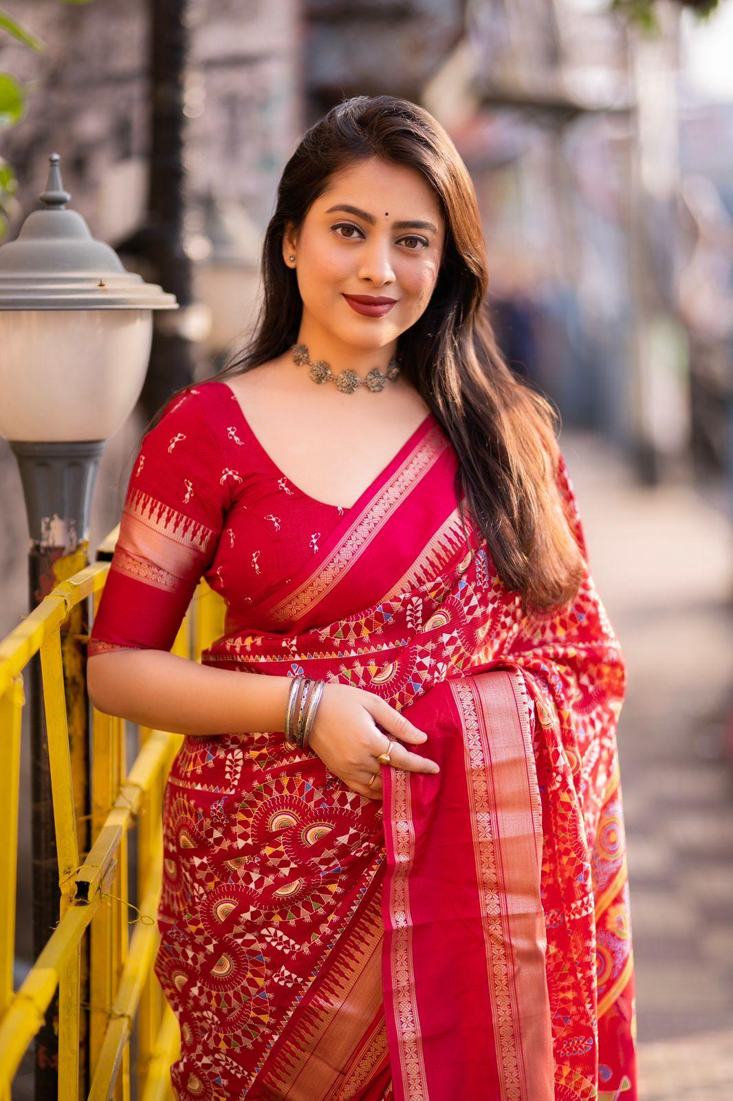 Red Cotton Blend Ethnic Motifs Saree with Unstitched Blouse - A2M