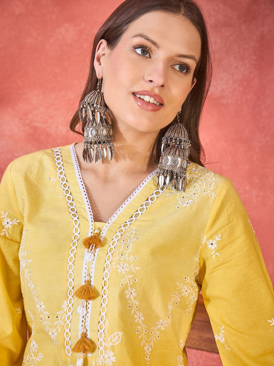 Sangria Floral Embroidered Chikankari V-Neck Pure Cotton Straight Fusion Kurta With Trousers