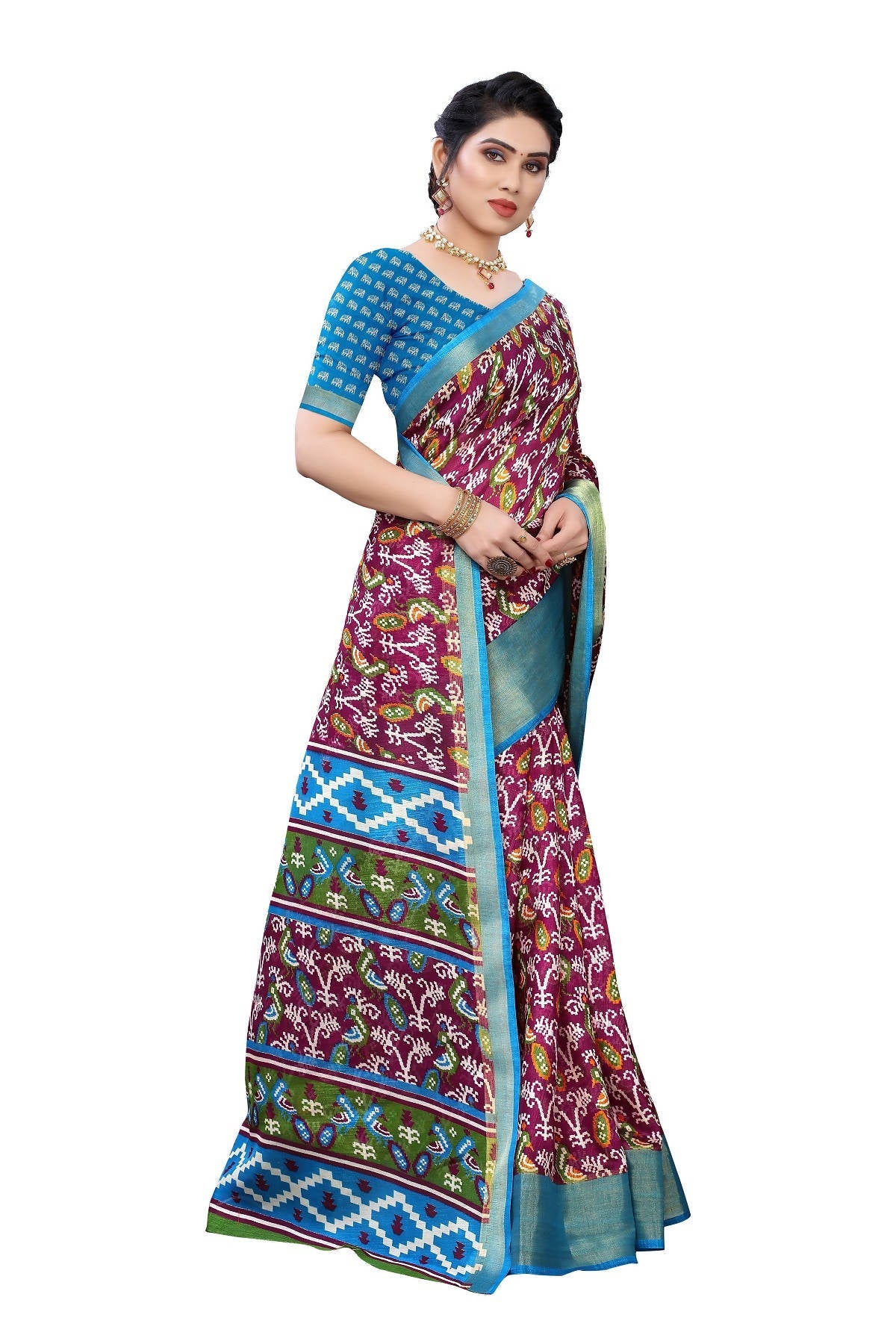 Vamika Purple and Blue Linen Jari Border Saree Online At Low Price