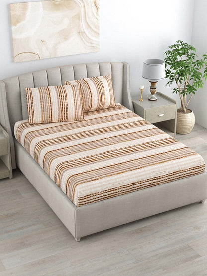 DREAM WEAVERZ Beige & Brown Striped Pure Cotton 220 TC King Bedsheet With 2 Pillow Covers