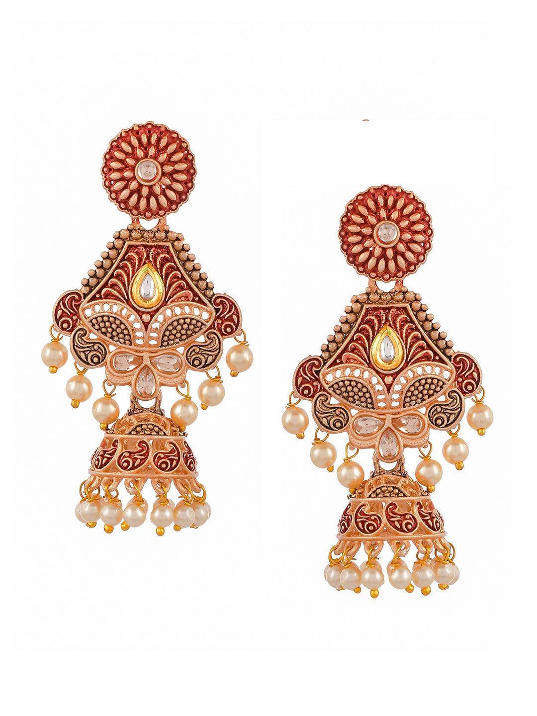 Shoshaa Maroon & Gold-Toned & Plated Contemporary Antique Jhumkas Earrings