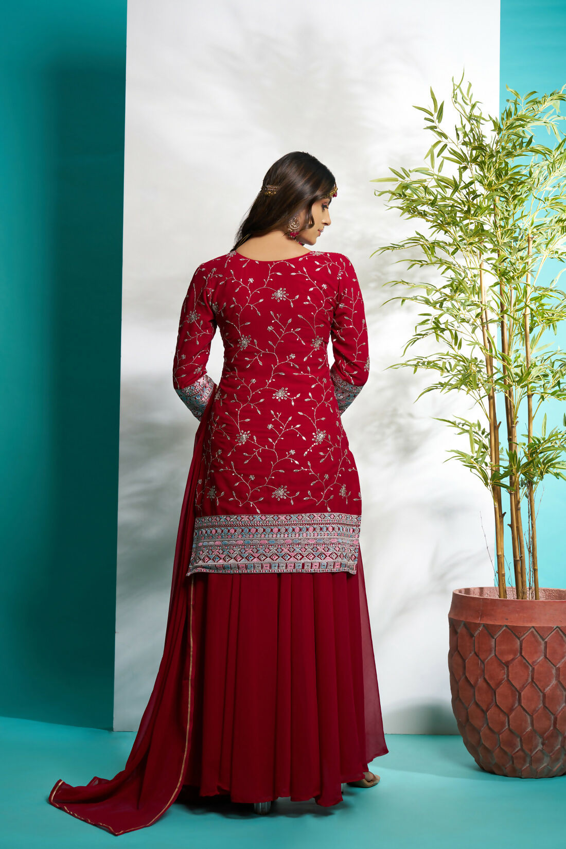 Aayaa Designer Faux Gorgette Embroidery Zari Sequins Thread work Full Flaired plazzo Suit with Dupatta - Maroon