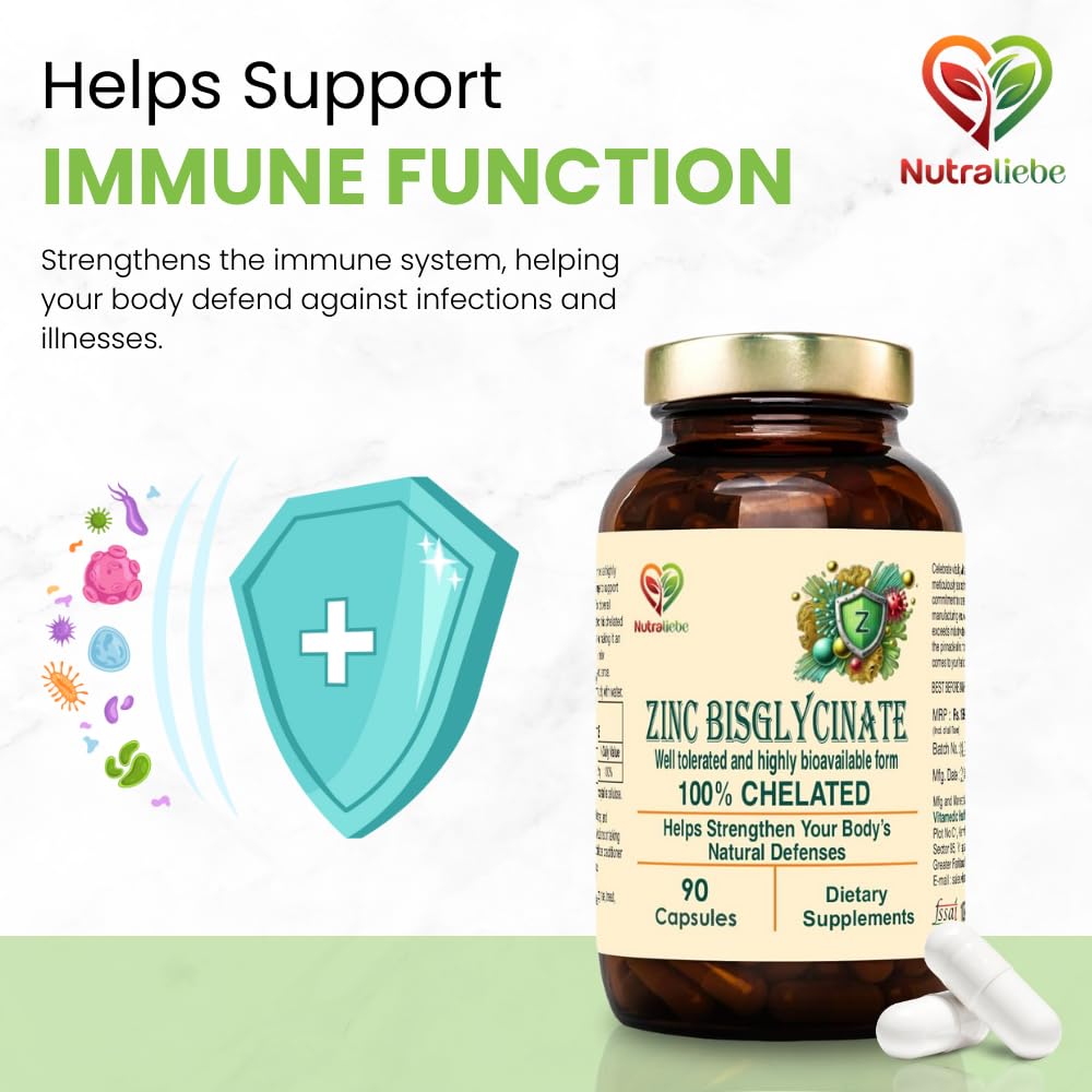 Nutraliebe Zinc Bisglycinate â€“ High Absorption Zinc for Immune Support, Skin Health, and Cellular Function â€“ 90 Capsules