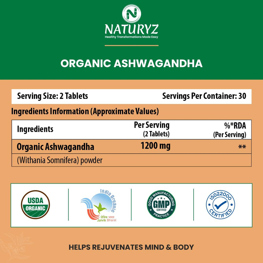 NATURYZ Organic Ashwagandha 1200mg Tablets | Stress Relief, Energy, Immunity & Muscle Recovery Support | For Men & Women | Vegan, Non-GMO, Gluten-Free | USDA Organic | 60 Veg Tablets