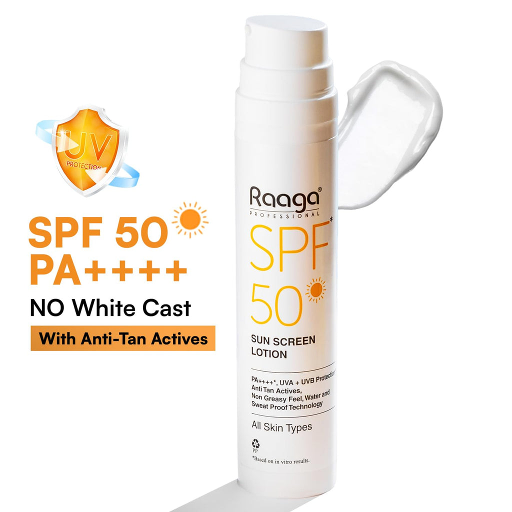 Raaga Professional SPF 50 Sunscreen Lotion | PA++++, UVA + UVB Protection,All Skin, Anti Tan Activities, Non-Greasy Feel, Water and Sweat Proof Technology (55 ml)