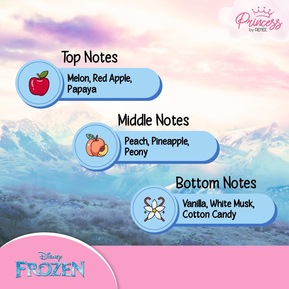 Princess by RENEE Disney Frozen Elsa Fragrance Mist for Pre-Teens, Long Lasting Scent with Fruity & Floral Notes of Melon, Peach & Pineapple, Vanilla & White Musk, Dermatologically Tested, Vegan, Cruelty-Free 30ml