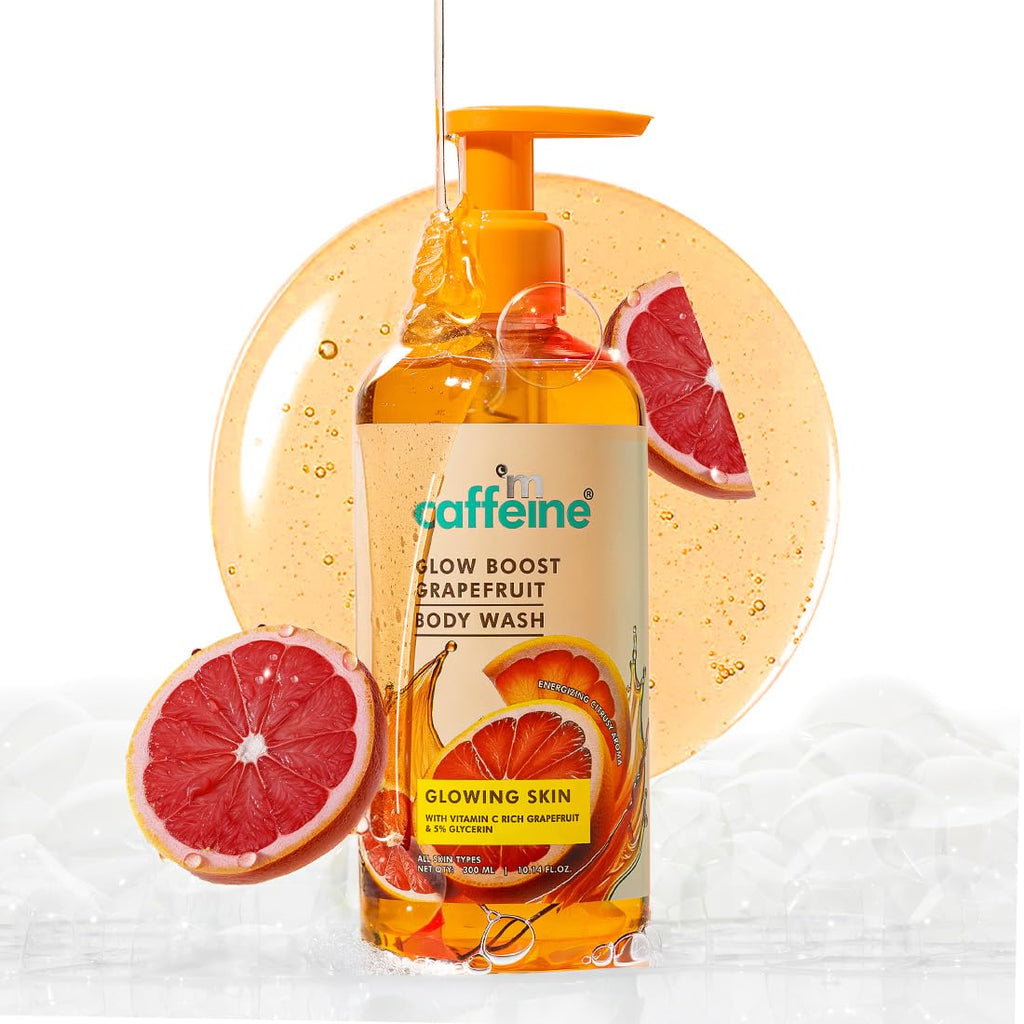 mCaffeine Glow Boost Grapefruit Body Wash - 300 ml| Fruity Grapefruit Aroma | Vitamin C Rich & 5% Glycerine | Deep Cleanse, Detan for Soft & Smooth Skin | Fragrance Shower Gel for All Skin Types